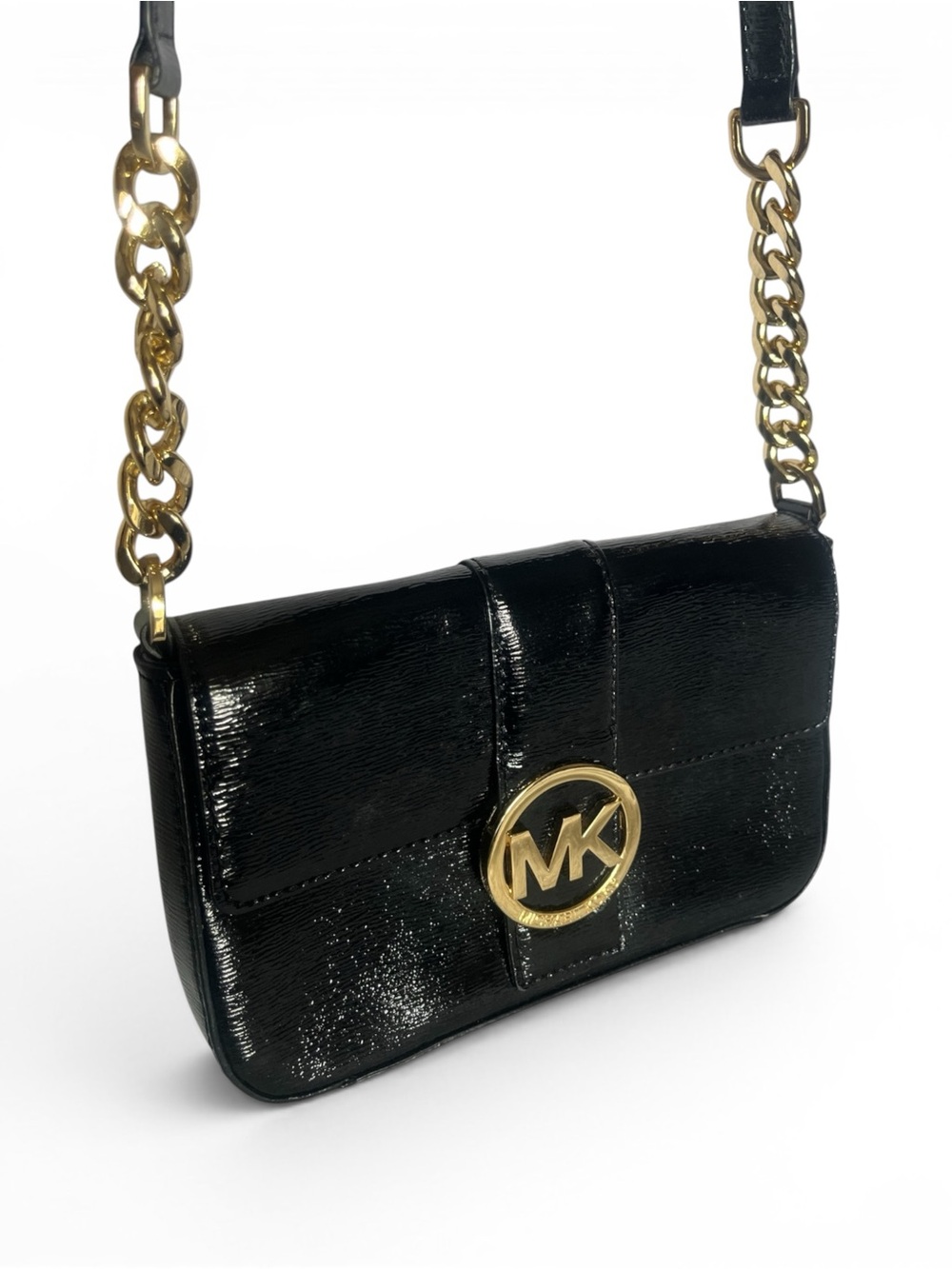 Michael Kors Black Patent Leather Mini Crossbody Bag Gold Chain